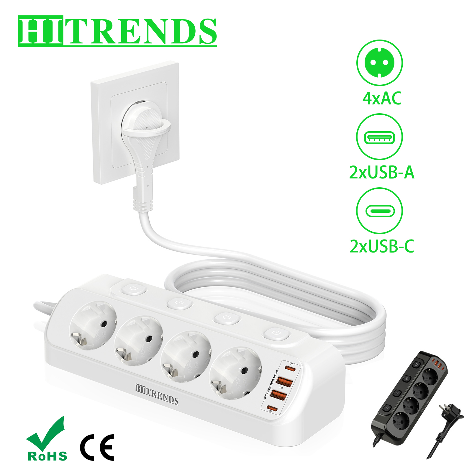 유럽 데스크탑 소켓 멀티 콘택트 멀티탭, 2 USB A - Smart Power Strip 리뷰 및 가격